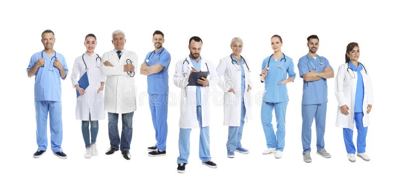 Collage with photos of doctors on white background. Banner design royalty free stock images