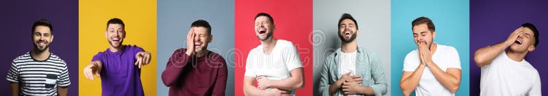 Collage with photos of handsome men laughing on different color backgrounds. Banner design stock images