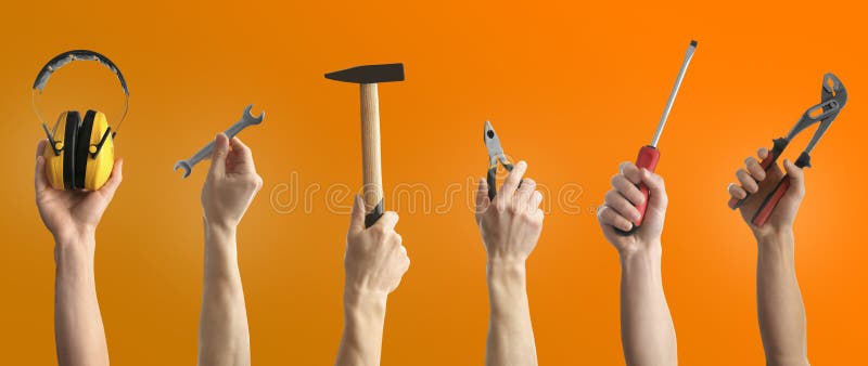 Photos of Builder with Construction Tools on Light Blue Background