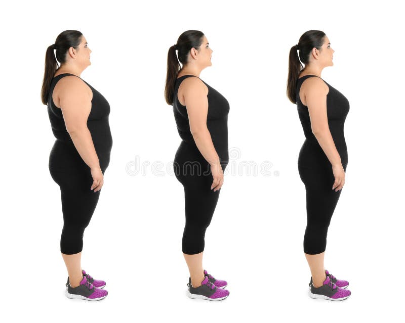 Collage with photos of overweight woman before and after weight loss on background