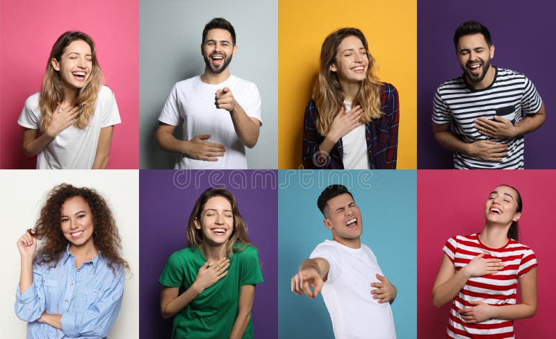 Collage with photos of people laughing on different color backgrounds stock photography