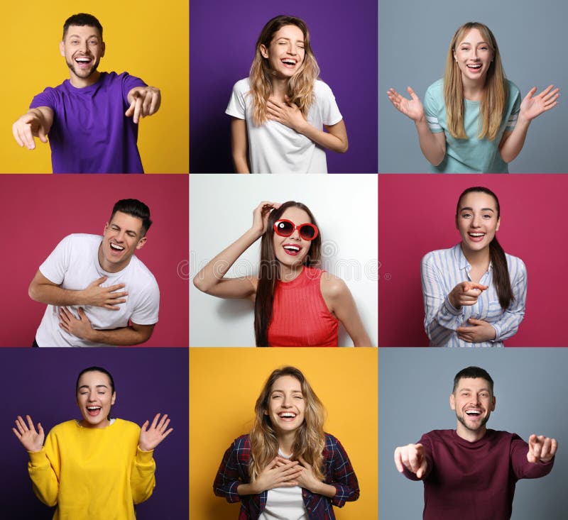 Collage with photos of people laughing on different color backgrounds royalty free stock image