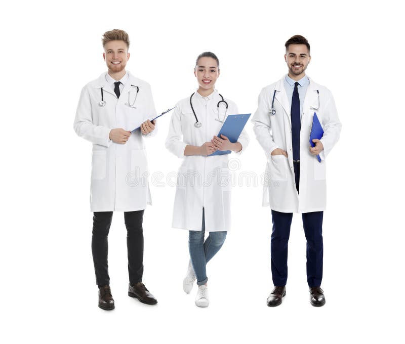 Collage with photos of young doctors on white background stock image