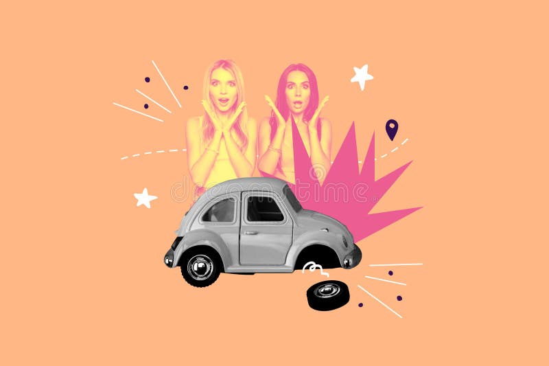 Collage picture of two impressed crazy girls open mouth mini auto broken wheel isolated on painted beige background.