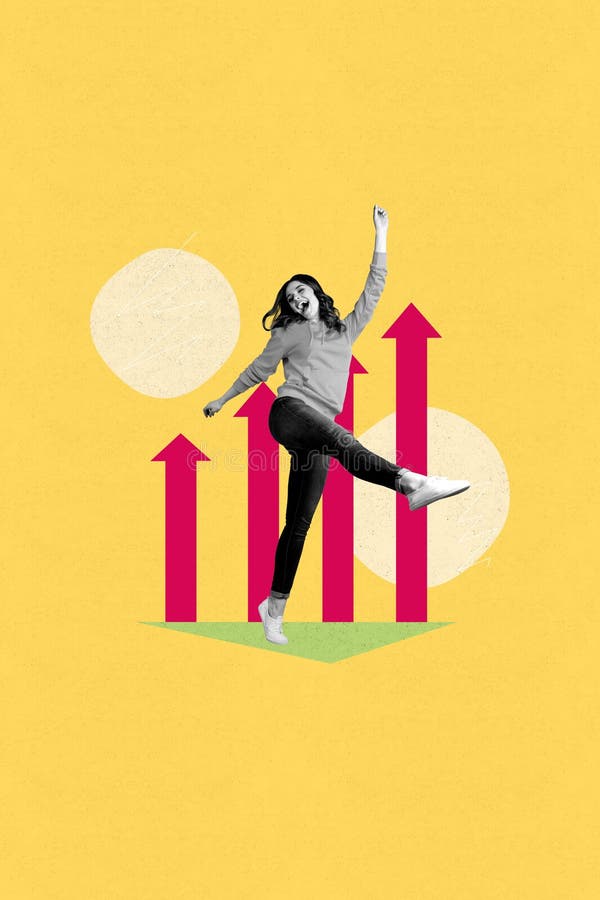 Collage pop poster di persone posizionate in primo piano per le frecce sullo sfondo giallo immagini stock