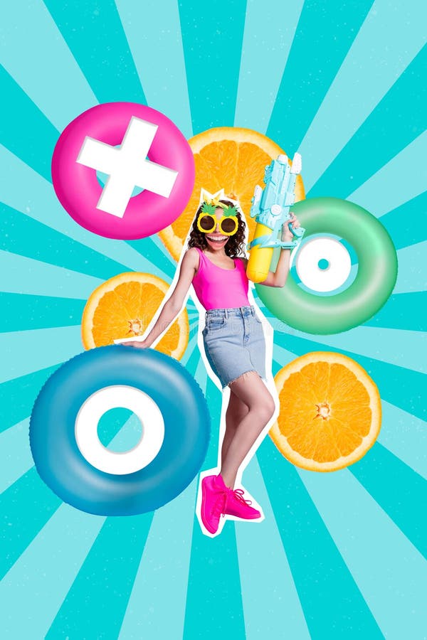 Collage pop retro sketch image of cool funky lady shooting water gun isolated teal color painting background royalty free stock images