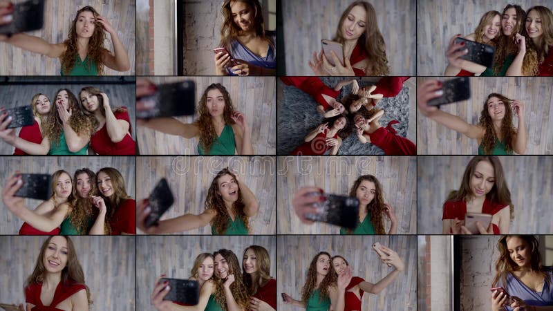 Collage portrait of four young girls models who are in the Studio against a wall of wooden boards. They wear red, green