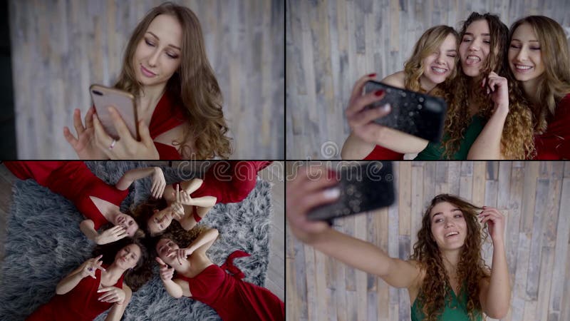 Collage portrait of four young girls models who are in the Studio against a wall of wooden boards. They wear red long