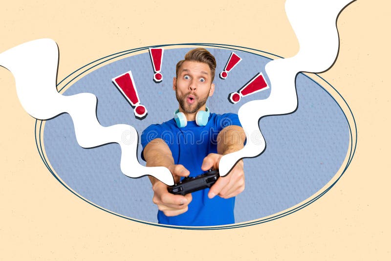Collage portrait of impressed guy hold controller playing video games tryhard steam exclamation mark isolated on beige