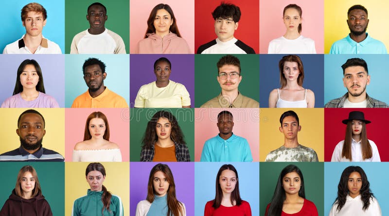 Collage of portraits of different people of diverse gender, age, race and nationality looking at camera with serious stock photo