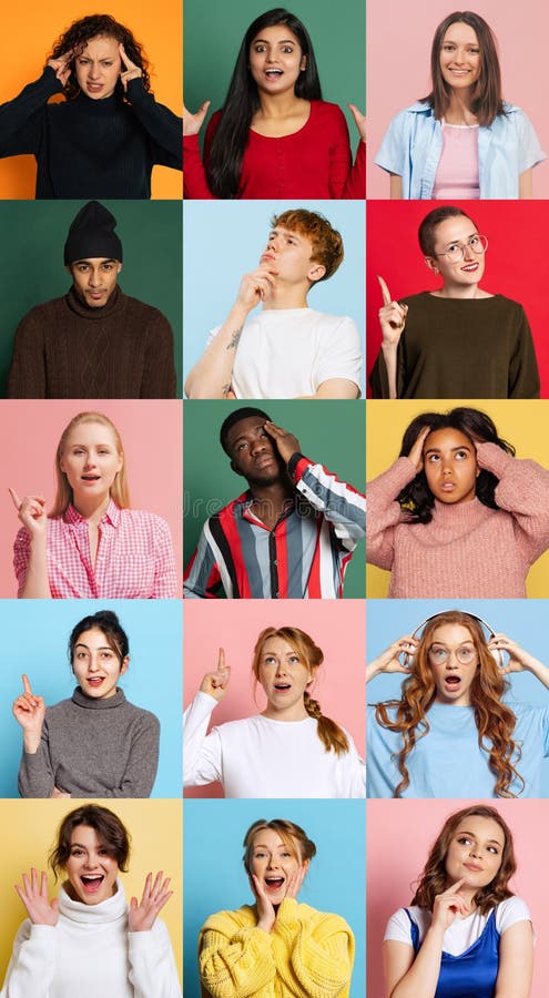 Collage of portraits of expressive male and female models, multiethnic group. Human emotions, facial expression, sales royalty free stock photos