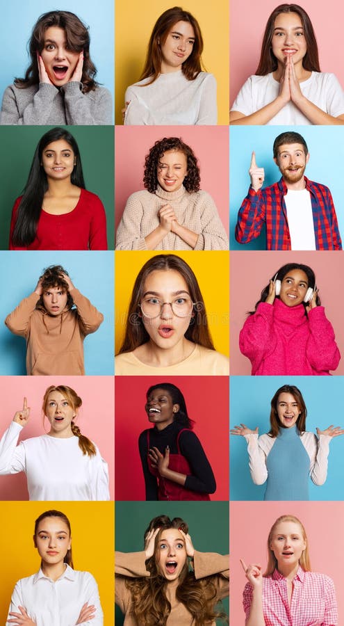 Collage of portraits of expressive male and female models, multiethnic group. Human emotions, facial expression, sales royalty free stock image