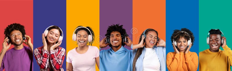 Collage of portraits of young emotional people using headphones stock photography