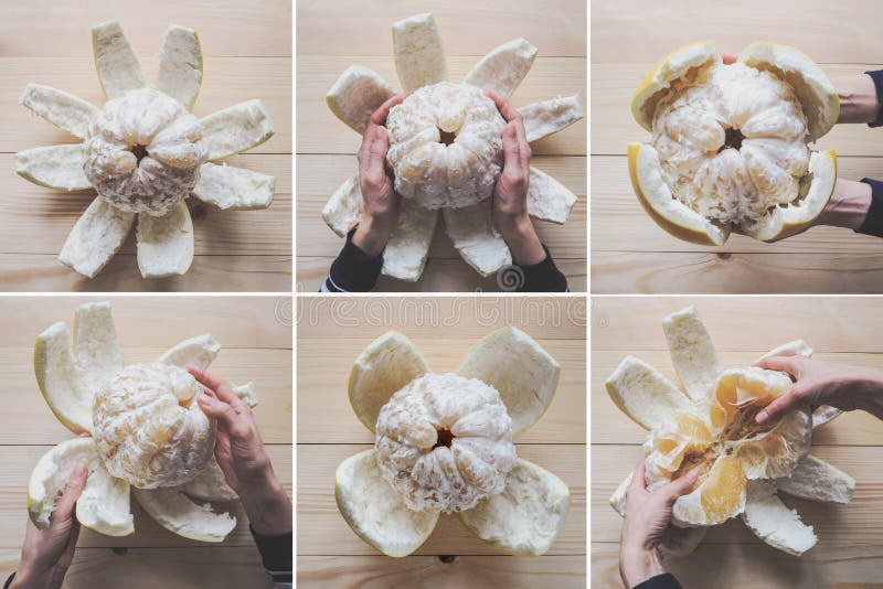 Collage que muestra el pomelo pelado en una tabla de madera imagen de archivo libre de regalías Collage que muestra el pomelo pelado en una tabla de madera imagen de archivo libre de regalías