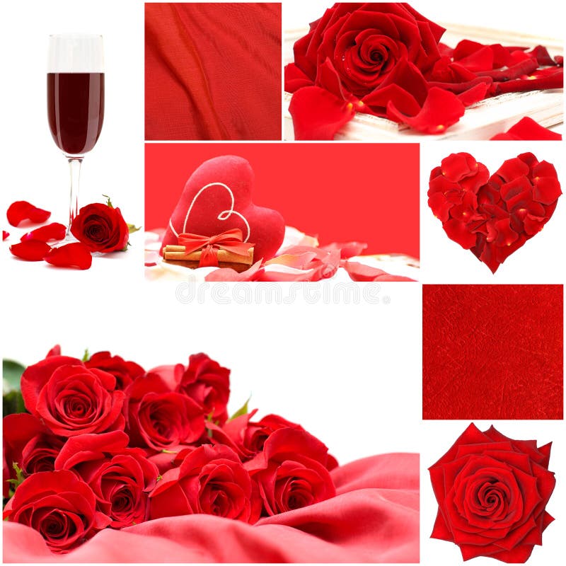 Red love collage with roses flowers, vine glass, silk and heart - Valentine's Day background. Red love collage with roses flowers, vine glass, silk and heart - Valentine's Day background