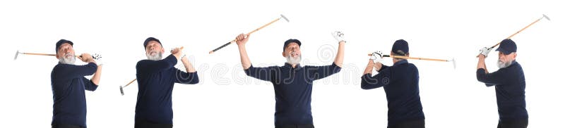 Collage of Senior Man Playing Golf on White Stock Image - Image of
