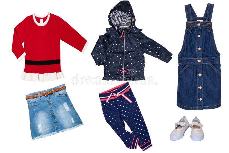 Collage set of little girl clothes isolated on a white background. The collection of a blue rain jacket with pants, jeans skirt, a