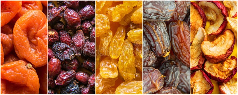 Collage set of organic sun dried fruits dehydrated apricots yellow golden raisins dates rose hips apples on long banner