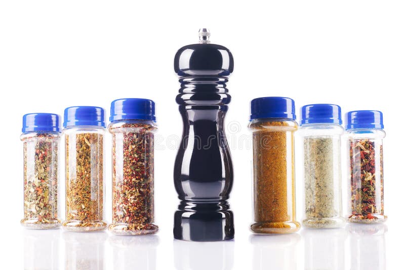 Different Spices Jars and Pepper Mill Stock Photo Image of herb, colorful 219316376