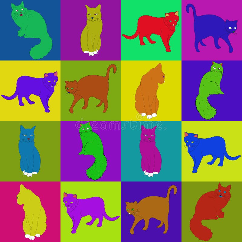 Collage of Squares Colored Cats Illustration. Drawing for the De Stock