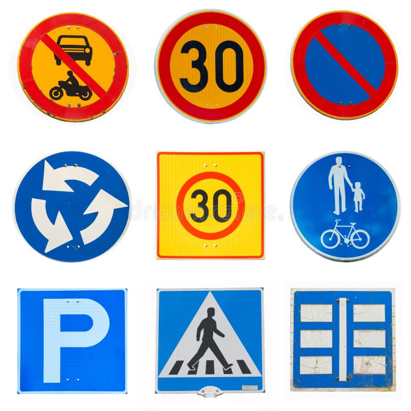 Collage of Traffic Road Signs on White Background Stock Photo Image