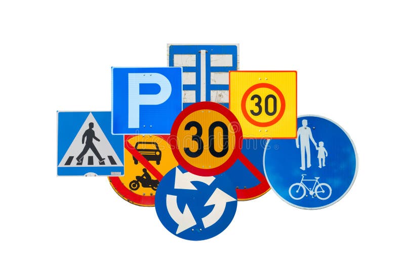 Collage of Traffic Road Signs on White Background Stock Photo - Image ...