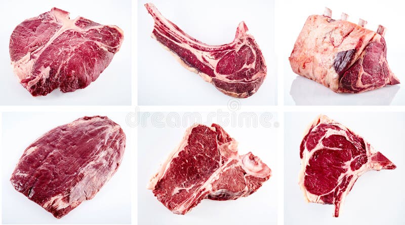 Collage van diverse besnoeiingen van ruw rundvleeslapje vlees
