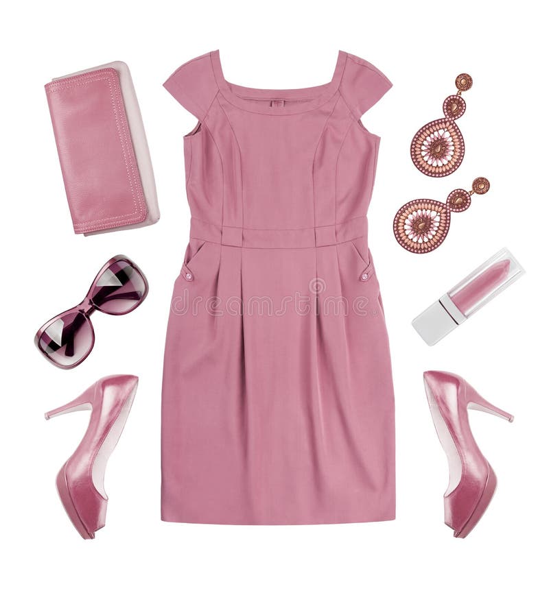 Collage van kleding en toebehoren van de vrouwen de de roze zomer op wit royalty-vrije stock foto's Collage van kleding en toebehoren van de vrouwen de de roze zomer op wit royalty-vrije stock foto's