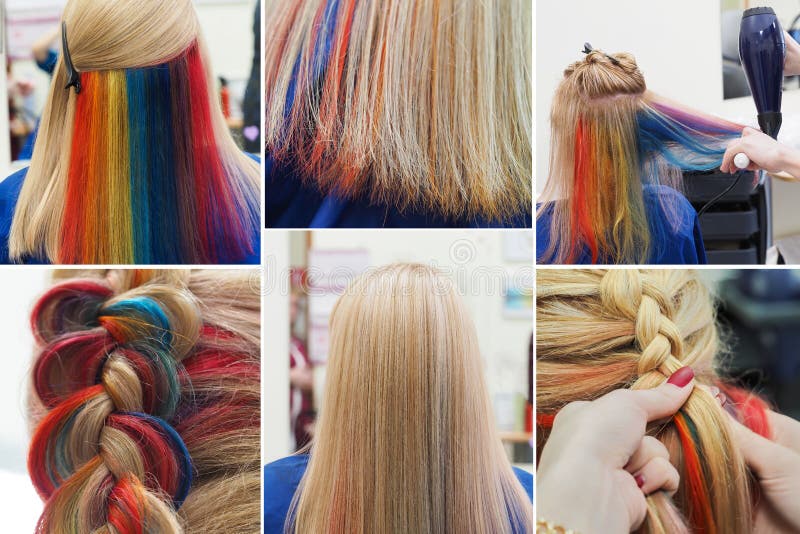 Collage van multi-colored haar Het gekleurde bevlekken van het haar stock afbeelding Collage van multi-colored haar Het gekleurde bevlekken van het haar stock afbeelding
