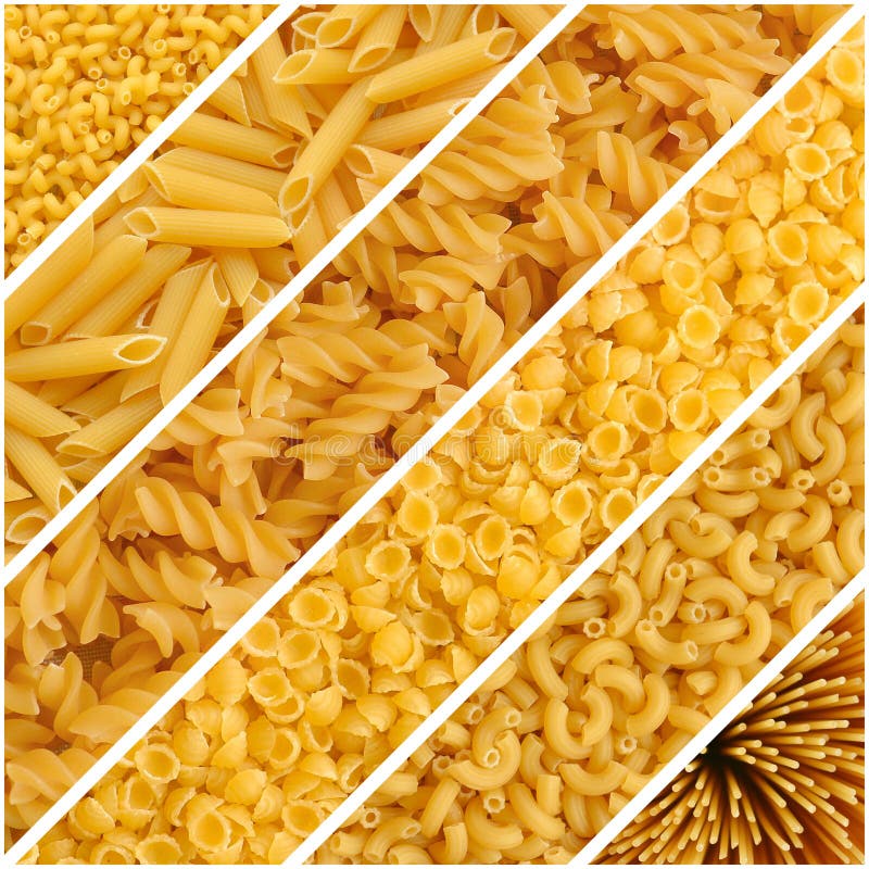 Collage of Various Raw Dry Yellow Pasta.Cavatappi Pasta, Penne Pasta