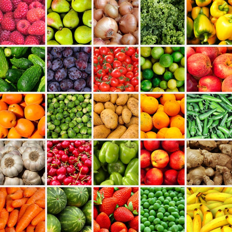 Collage of vegetables and fruits textures in a square stock illustration Collage of vegetables and fruits textures in a square stock illustration