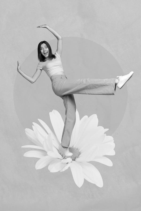 Collage vertical creativo de foto de una sorprendida muchacha insensible y graciosa parada en una flor amarilla aislada en verde imagen de archivo