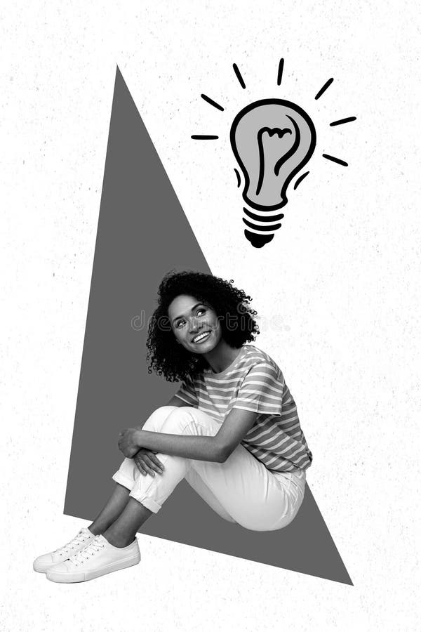 Collage vertical creativo de fotos de una joven de mente joven sentada pensando se ve genial idea decisión de una bombilla de luz imagen de archivo libre de regalías
