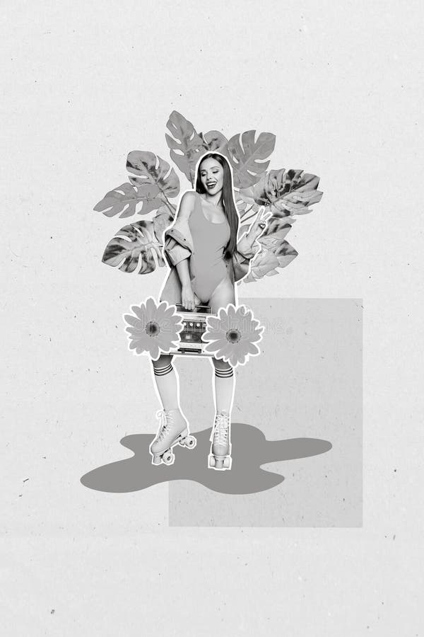 Collage vertical creativo de una bella y adorable chica positiva sostiene a un jugador de récords aislado en color rosa fotografía de archivo libre de regalías
