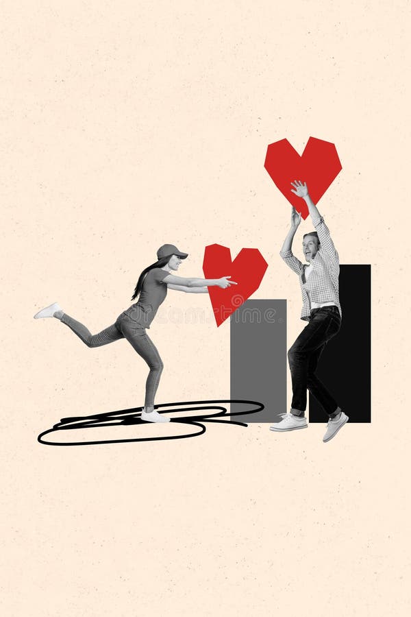 Collage vertical de foto de una chica feliz con entrega de corazón celebración del día de San Valentín sentimientos románticos ais imagen de archivo