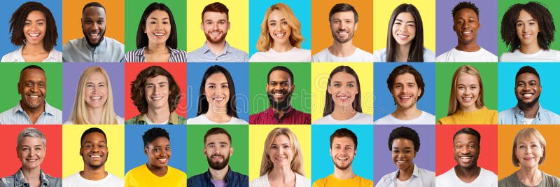 Collage von multiethnischen fröhlichen Menschen lächeln auf farbstudio Hintergründe Panorama. Konzept der internationalen menschli stockbild