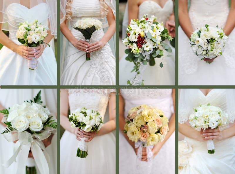 Collage of wedding bouquets of white roses in bride's hands stock photos