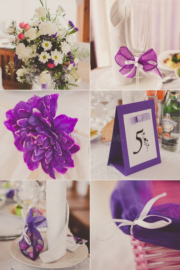Collage of wedding pictures decorations in purple stock photos