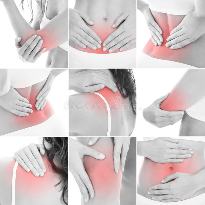 Collage, welche die Schmerz an einigen Körperteilen zeigt stockbild Collage, welche die Schmerz an einigen Körperteilen zeigt stockbild
