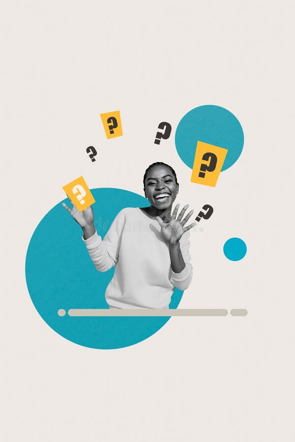 Collage of woman man person with question marks floating around symbolizing doubt decision making curiosity solution royalty free stock photo