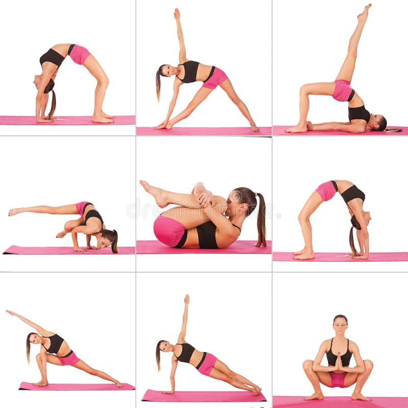 Collage of young beautiful girl posing yoga on white
