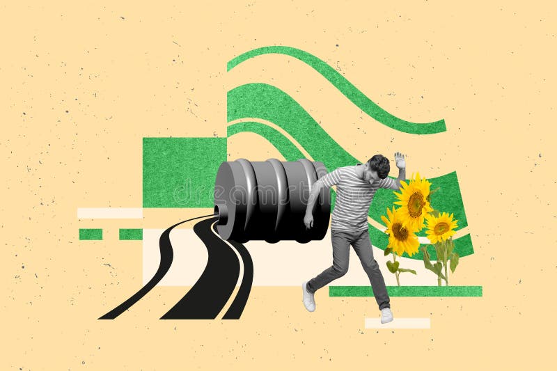 Collage of young depressed man dont want breath air pollution damage planet gallon oil near field sunflowers isolated on green background.