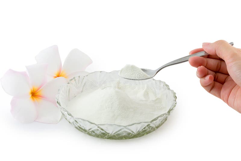 Collagen powder protein on spoon measure isolated on white background. Collagen powder protein on spoon measure isolated on white background royalty free stock photography Collagen powder protein on spoon measure isolated on white background. Collagen powder protein on spoon measure isolated on white background royalty free stock photography