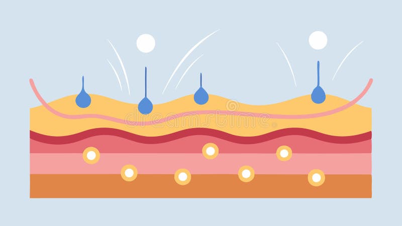 Collagen Production An illustration of skin layers with exosomes stimulating collagen fibers. Depict glowing lines stock illustration