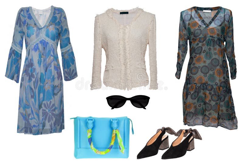Collagenfrauenkleidung Stellen Sie von den stilvollen und luxuriösen modischen Frauenkleidern, Bluse, Schuhe ein Blaue Handtasche lizenzfreies stockfoto Collagenfrauenkleidung Stellen Sie von den stilvollen und luxuriösen modischen Frauenkleidern, Bluse, Schuhe ein Blaue Handtasche lizenzfreies stockfoto