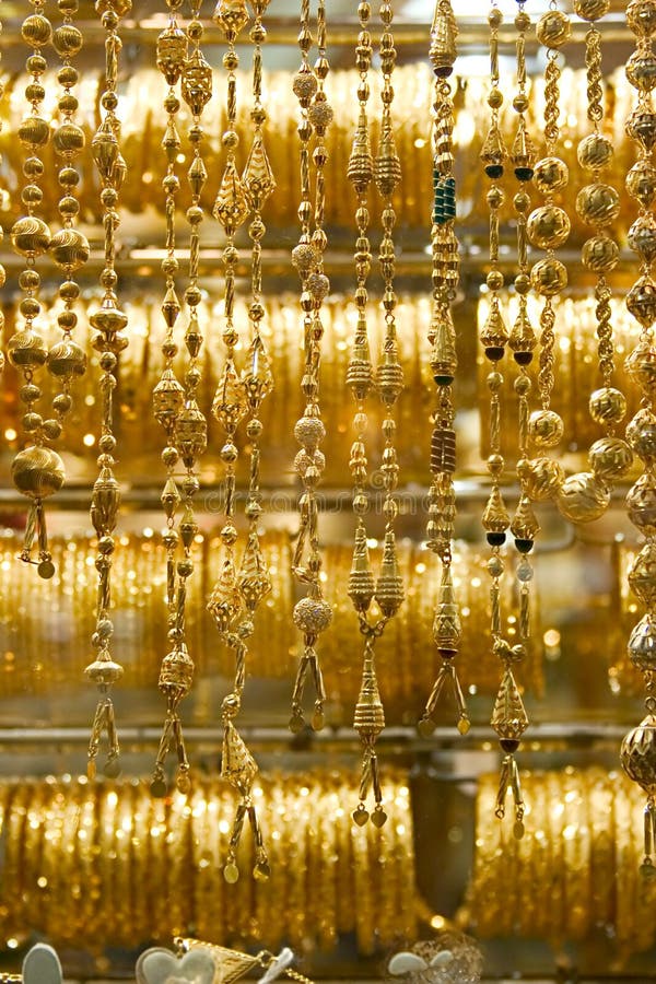 Necklaces and bracelets at Dubais Gold Souq. Necklaces and bracelets at Dubais Gold Souq.