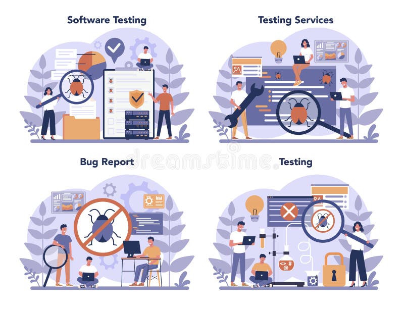 Collaudo del prototipo di software. processo di test del codice dell'applicazione o del sito web. illustrazione di stock