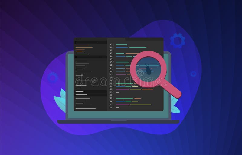 Collaudo dell'illustrazione del concetto software. schermata del codice del programma con processo di sviluppo e debug. bug trovat illustrazione di stock