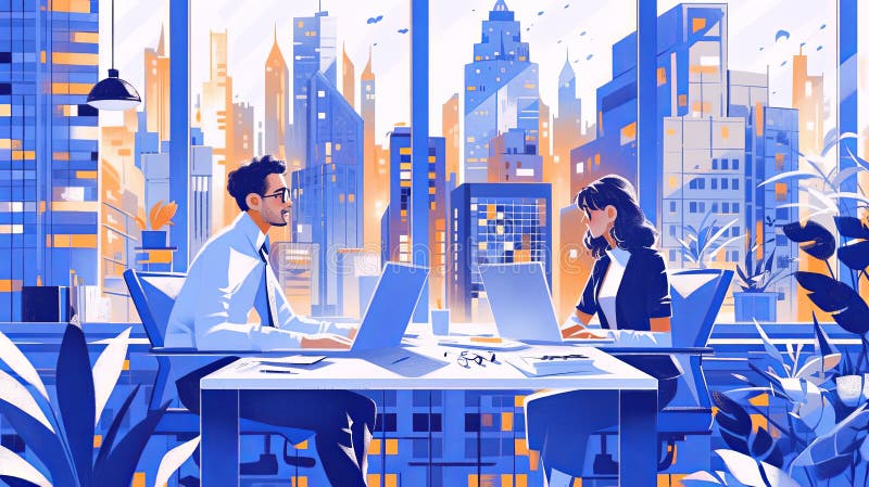 Colleagues collaborating in modern office with city skyline view royalty free illustration