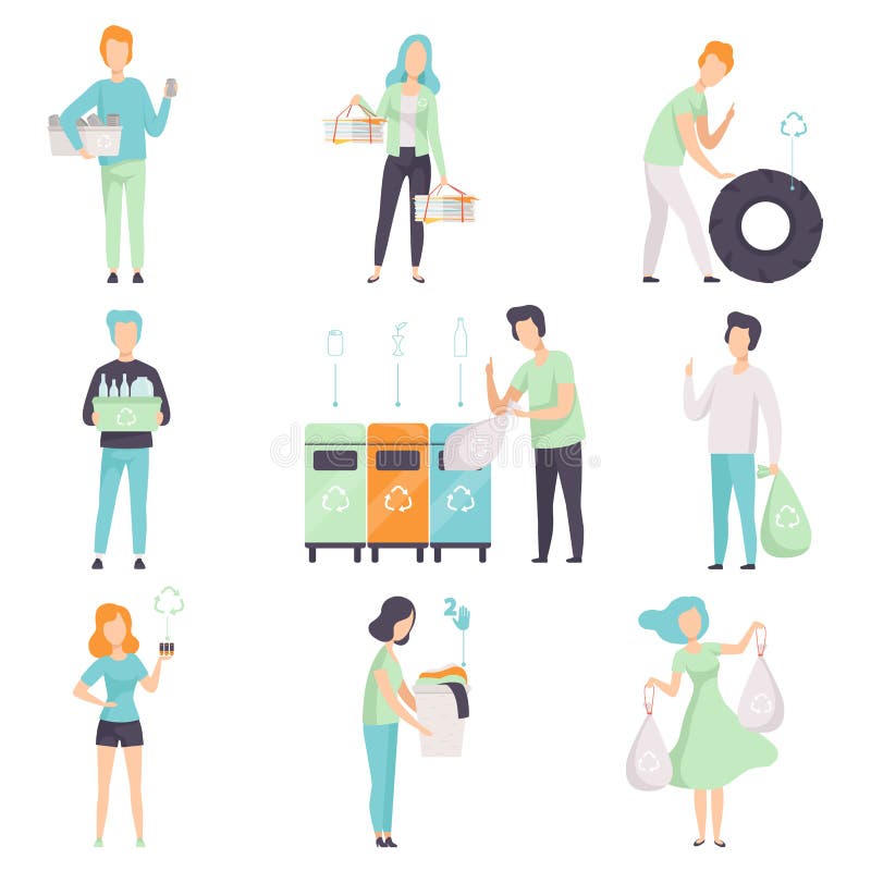 Collecte de personnes, assortissant des déchets pour réutiliser l'ensemble, des jeunes hommes et des femmes rassemblant le plasti illustration libre de droits Collecte de personnes, assortissant des déchets pour réutiliser l'ensemble, des jeunes hommes et des femmes rassemblant le plasti illustration libre de droits